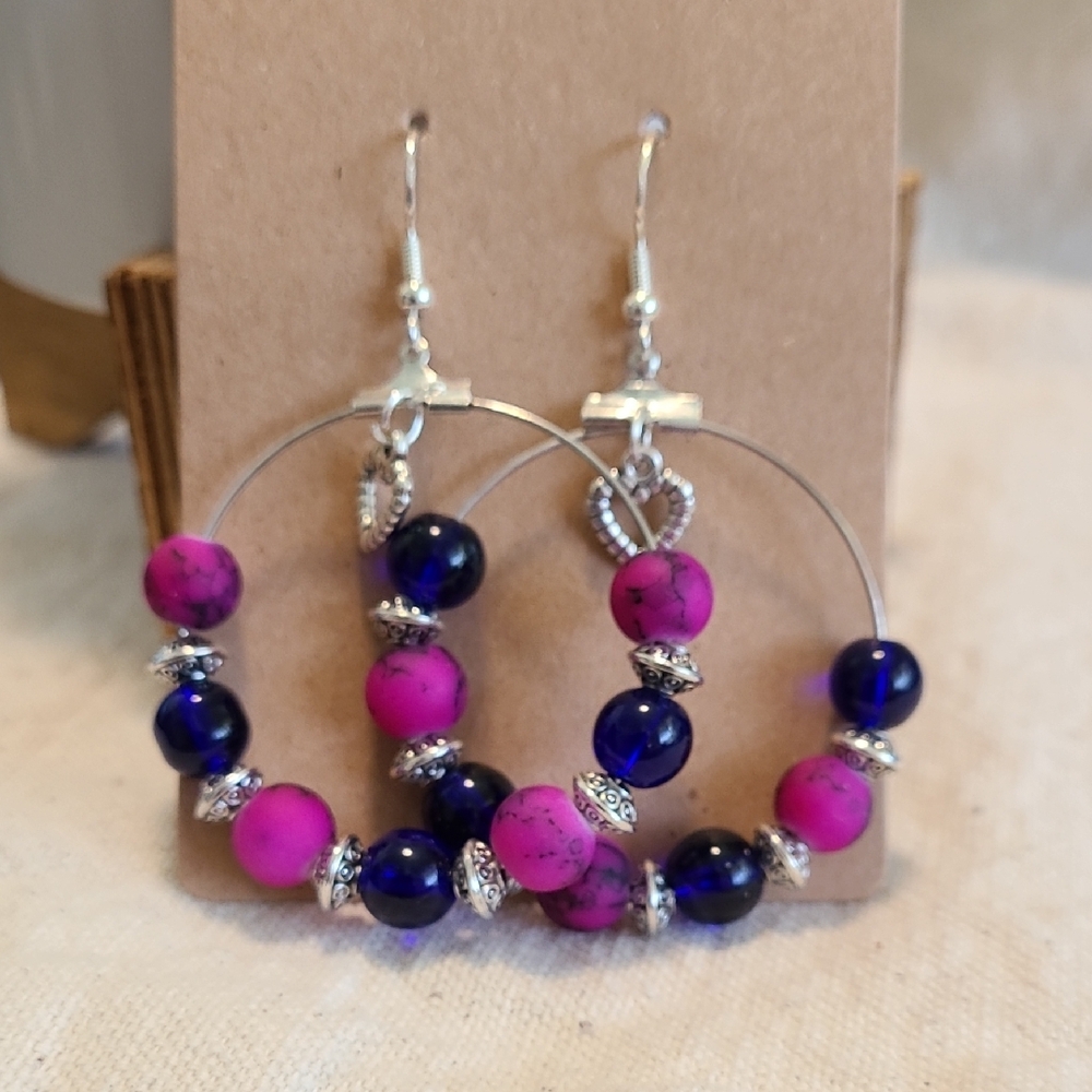 Handcrafted Elegant Pink and‎ Blue Beaded with Heart Dangle Earrings NEW Ladies
